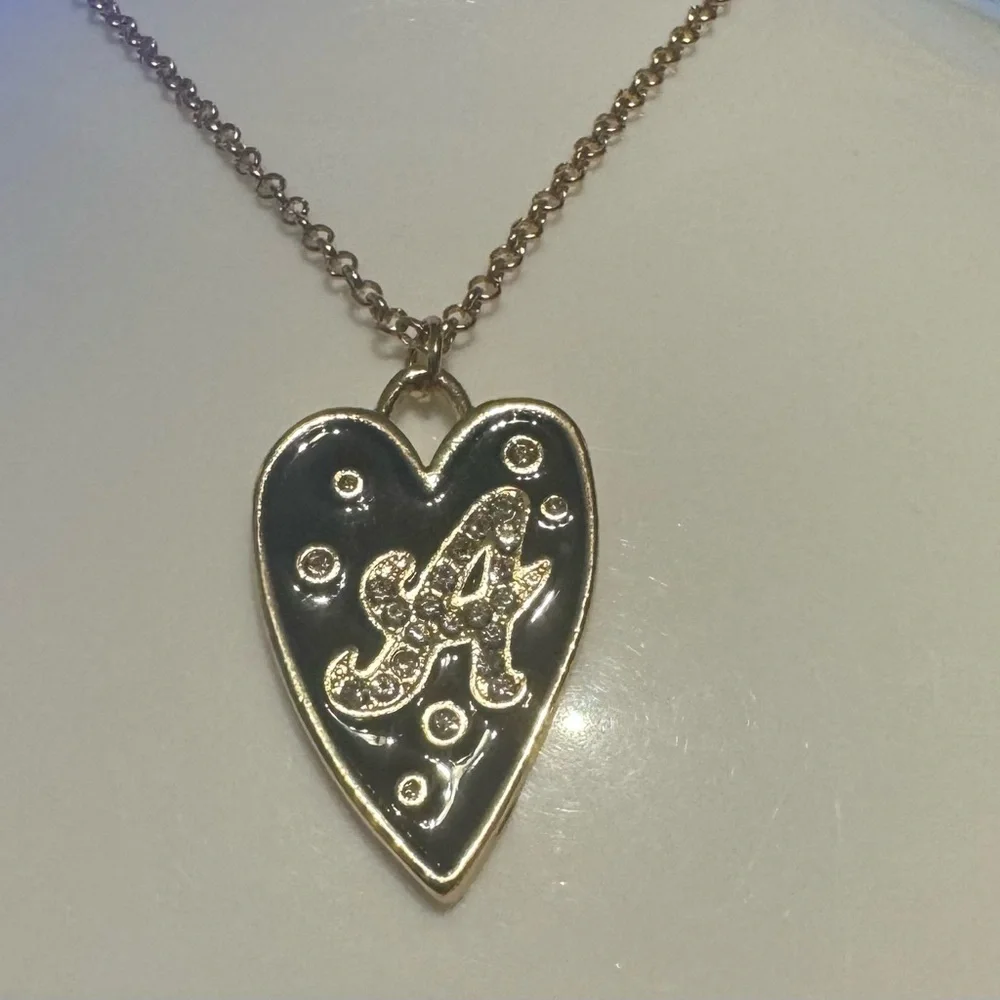 Gold Tone Initial “A” Black Heart Rhinestone Pendant Necklace - Picture 3 of 4